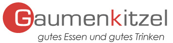 Logo Gaumenkitzel with red circle around G. Below the clain gutes Essen und gutes Trinken